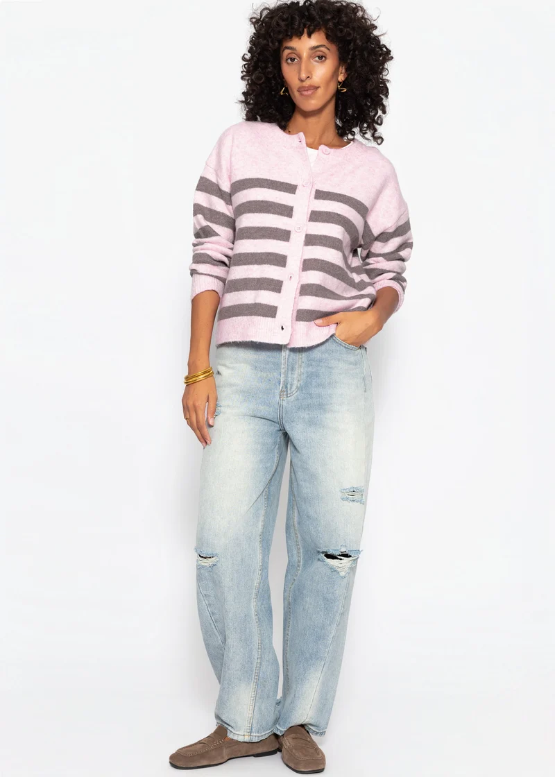 Gestreifter Cardigan mit Passe - rosa