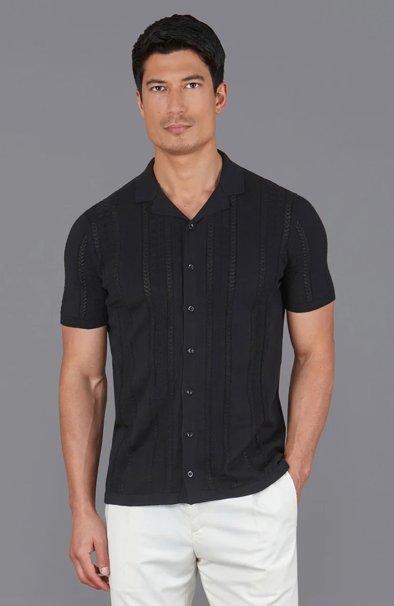Mens Ultra Fine Cotton Open Knit Cuban Collar Shirt