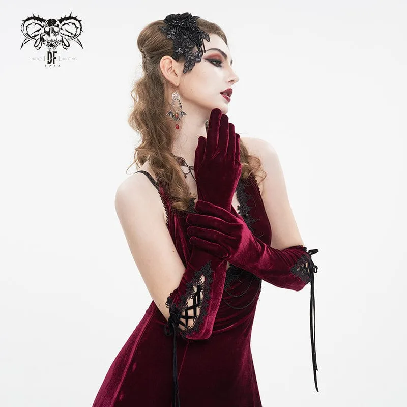 Damen-Gothic-Schnürhandschuhe aus Samt mit Spitzensaum in Rot