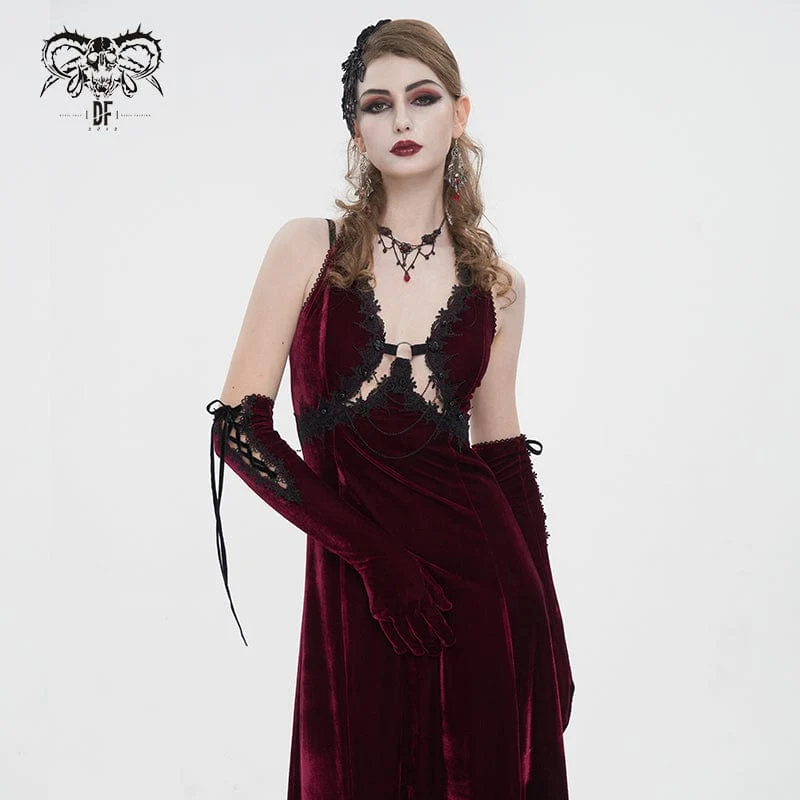 Damen-Gothic-Schnürhandschuhe aus Samt mit Spitzensaum in Rot