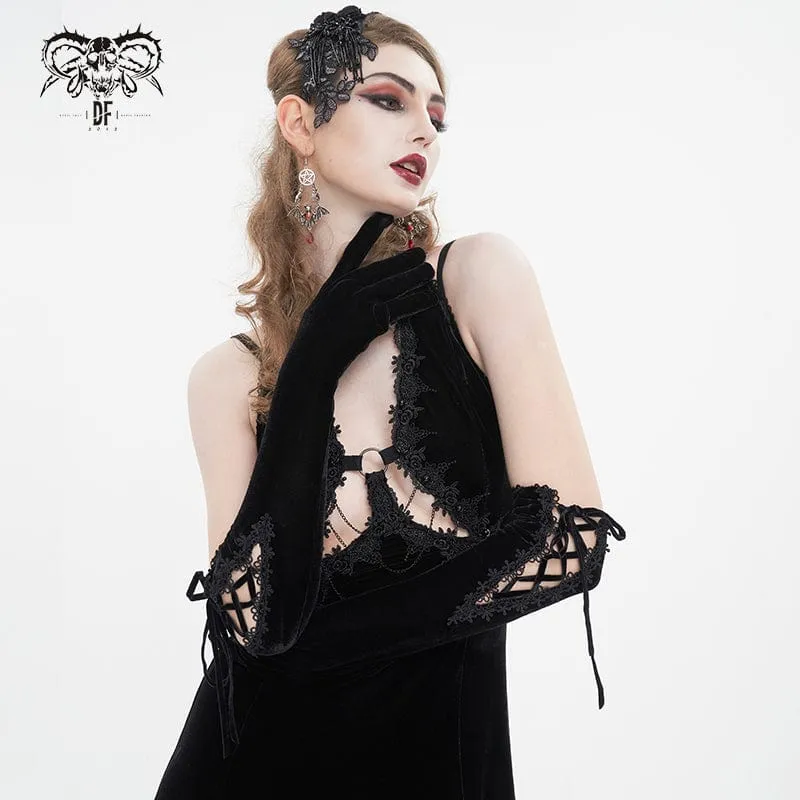 Damen-Gothic-Schnürhandschuhe aus Samt mit Spitzensaum in Schwarz