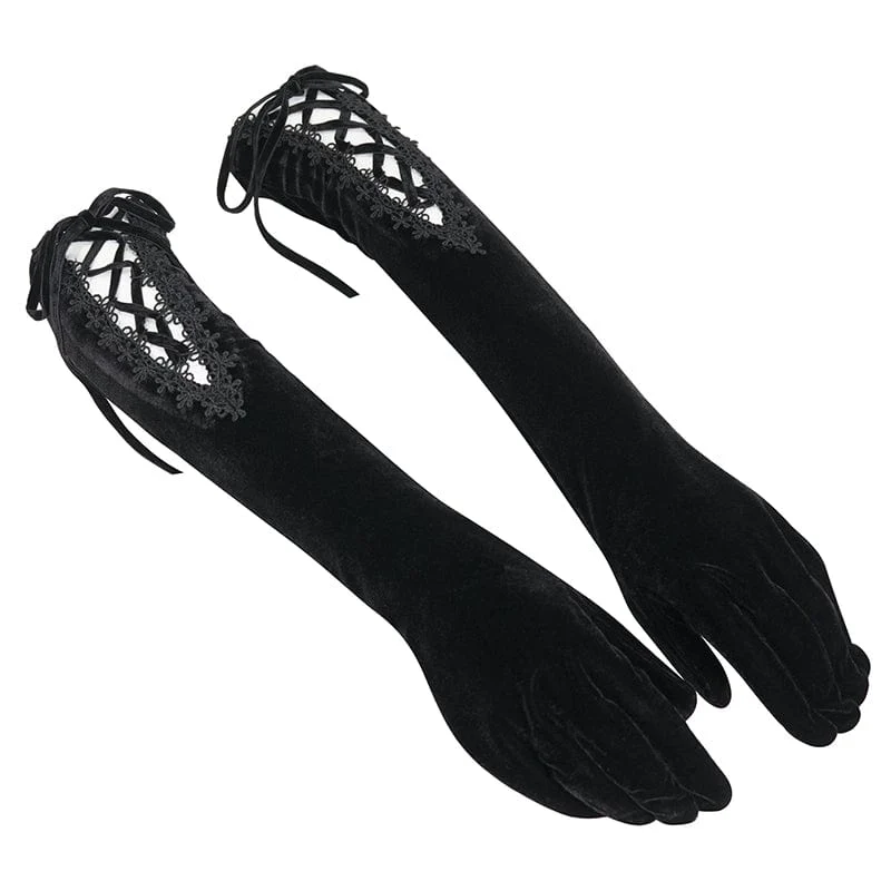 Damen-Gothic-Schnürhandschuhe aus Samt mit Spitzensaum in Schwarz