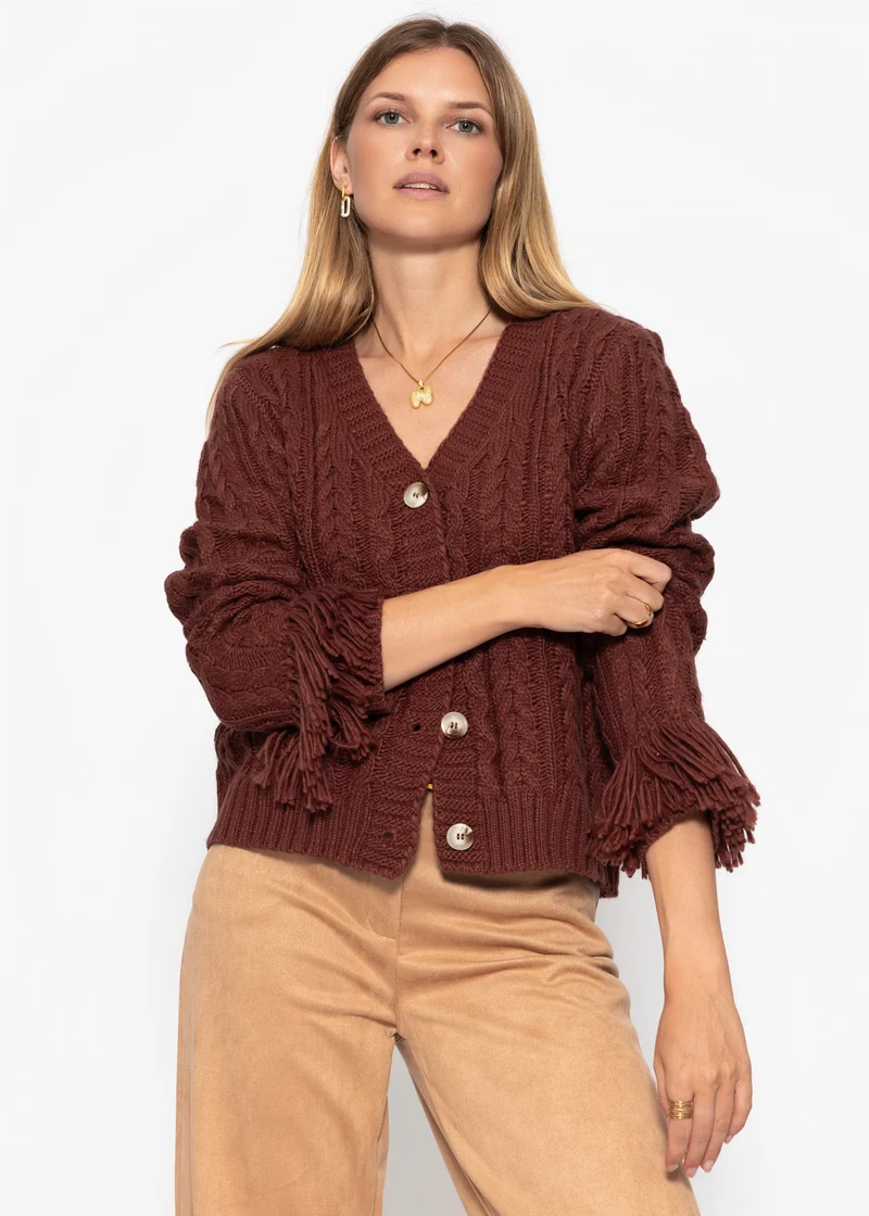 Zopfstrick-Cardigan mit Fransenbündchen - braun