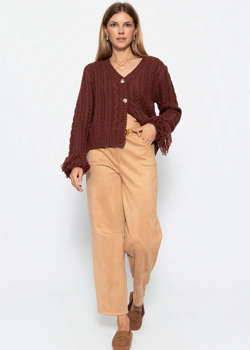 Zopfstrick-Cardigan mit Fransenbündchen - braun