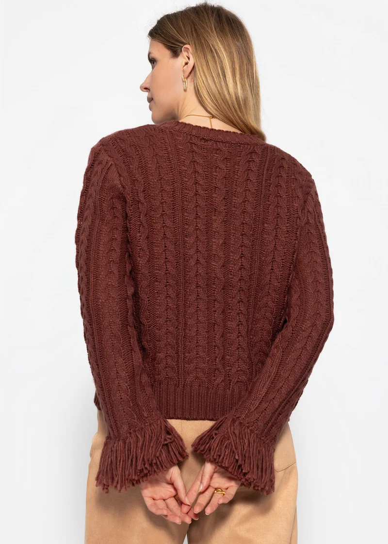 Zopfstrick-Cardigan mit Fransenbündchen - braun