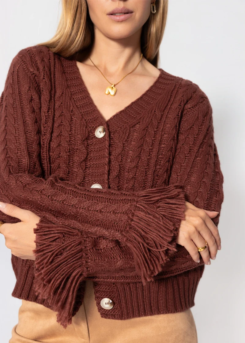 Zopfstrick-Cardigan mit Fransenbündchen - braun