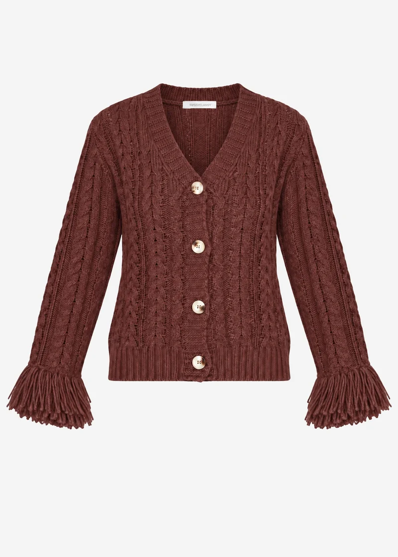 Zopfstrick-Cardigan mit Fransenbündchen - braun