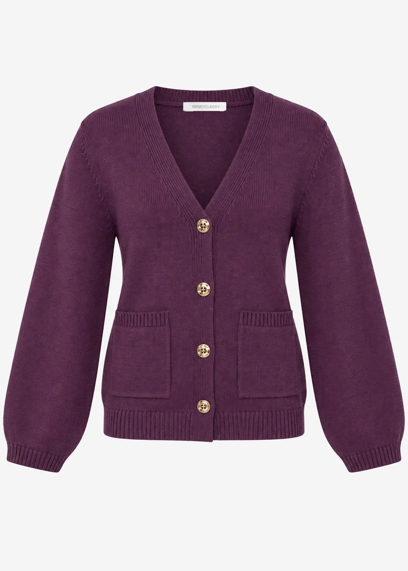 Strickjacke mit V-Ausschnitt und Goldknöpfen - plum