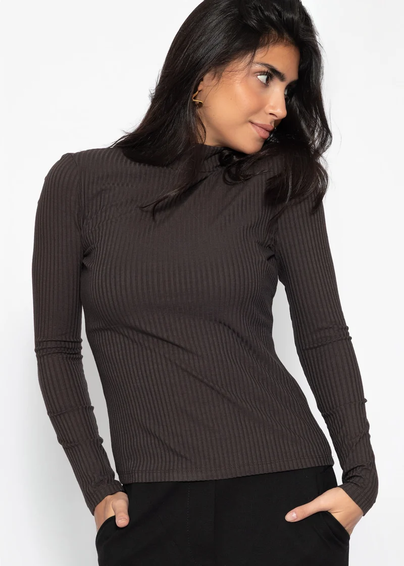 Geripptes Langarmshirt mit Stehkragen - braun
