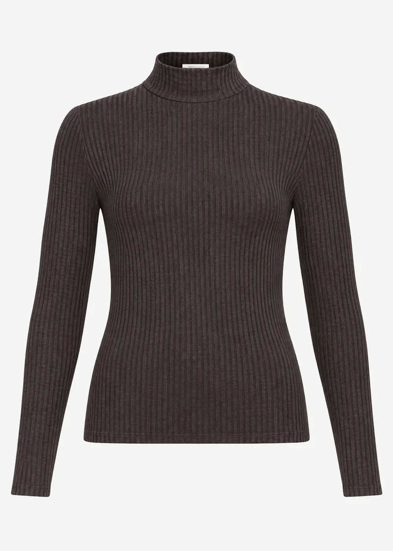 Geripptes Langarmshirt mit Stehkragen - braun
