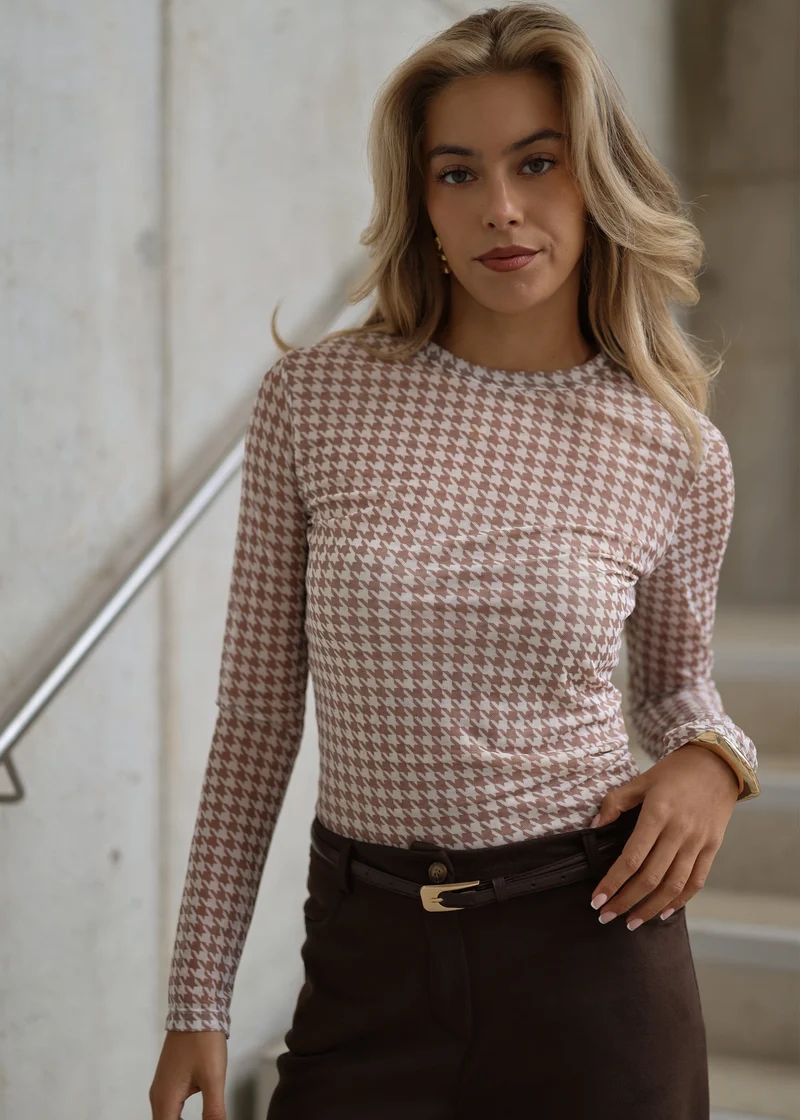 Mesh Langarmshirt mit Hahnentrittmuster - beige