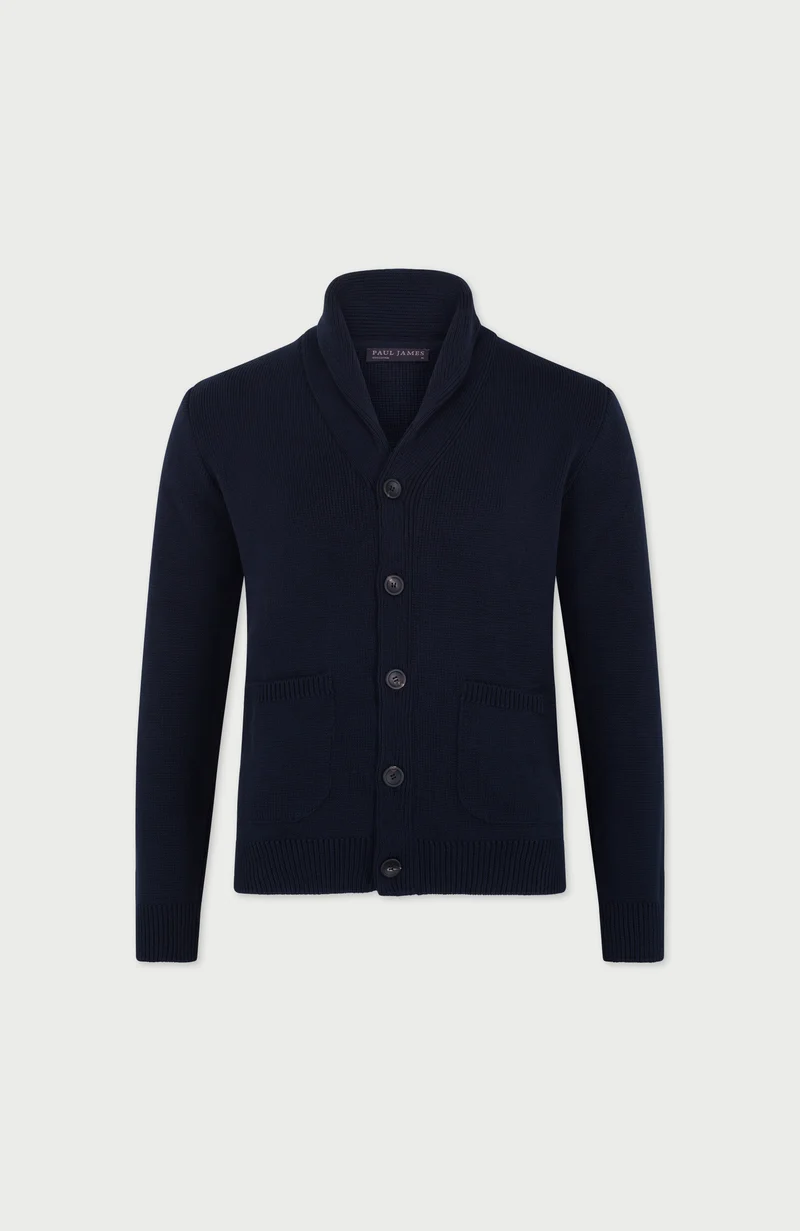 Mittelschwerer Herren-Cardigan aus 100 % Baumwolle mit Schalkragen
