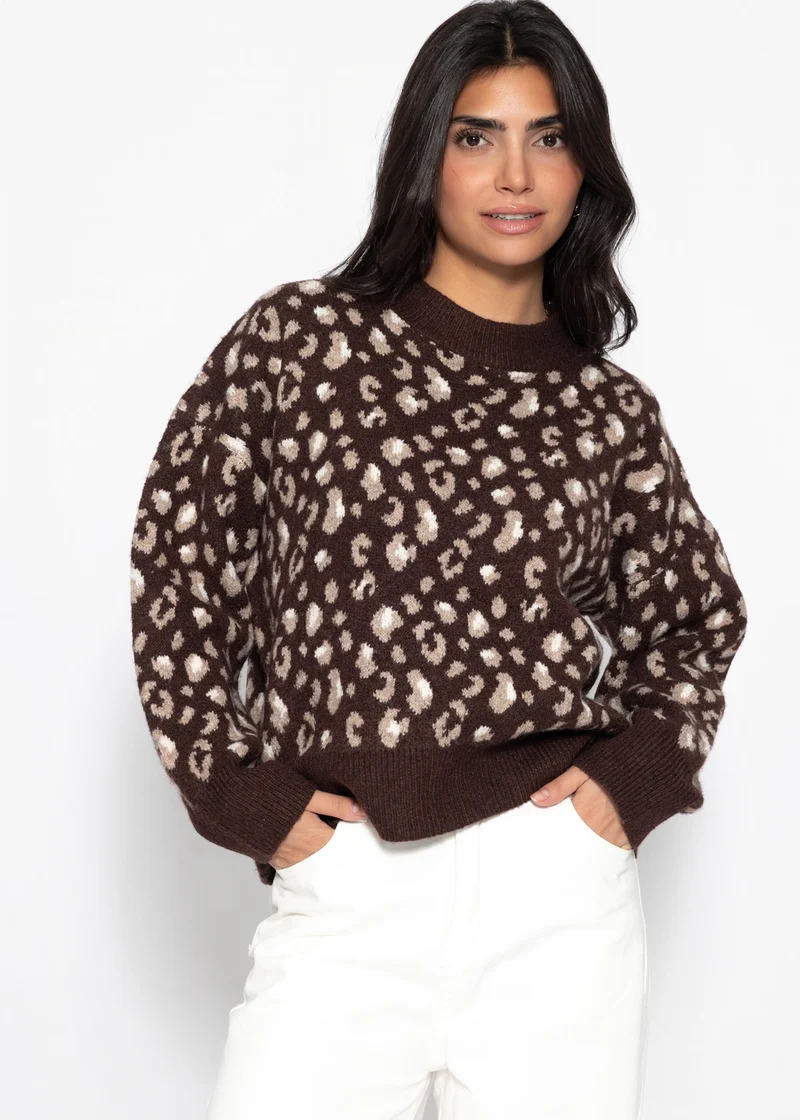Pullover mit breiter Rippe und Leo-Muster - braun