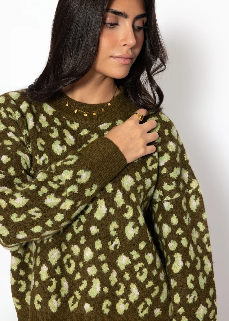 Pullover mit breiter Rippe und Leo-Muster - khaki
