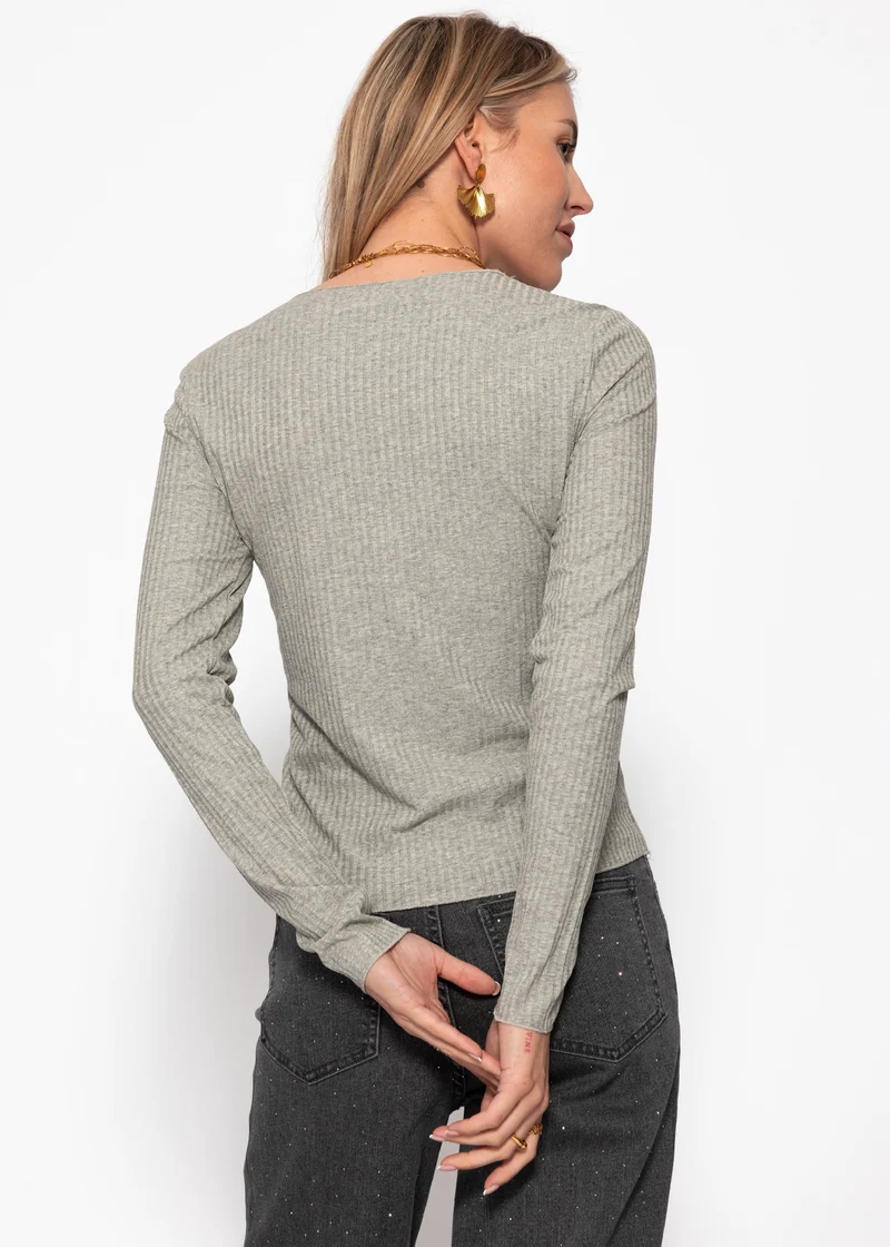 Langarmshirt in Rippstruktur - grau meliert