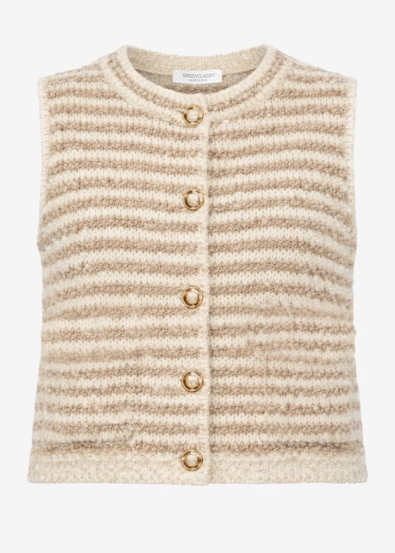 Gestreifte Bouclé-Weste mit Taschen - beige-offwhite