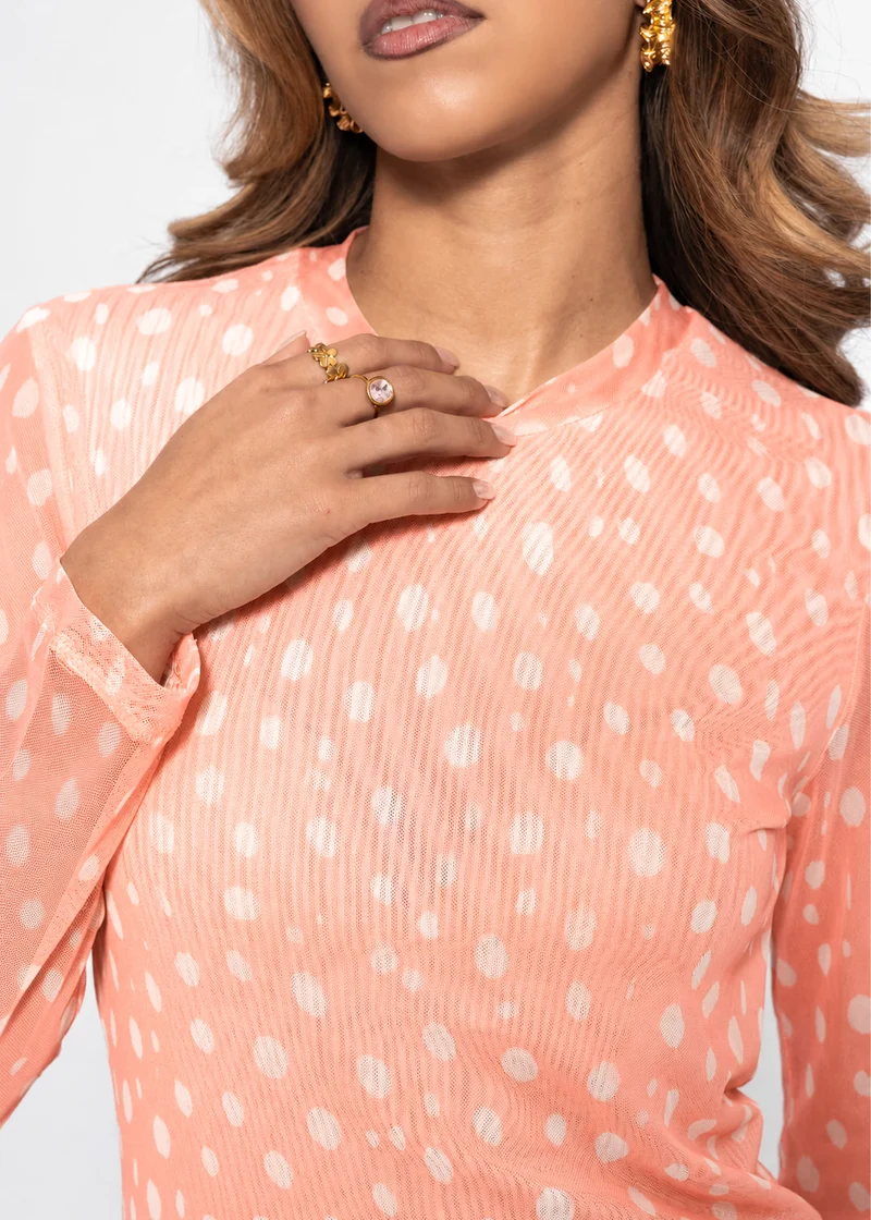 Getupftes Mesh Shirt mit Rundhals - rosa