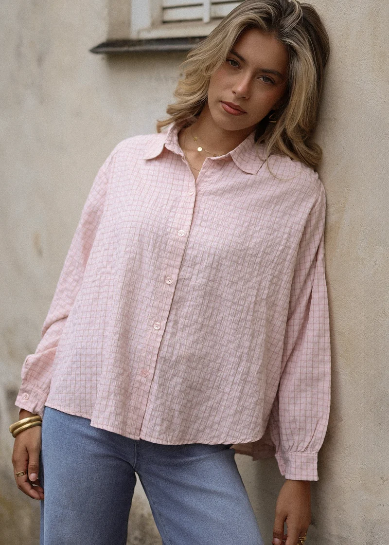 Oversize Bluse mit Karomuster - rosa