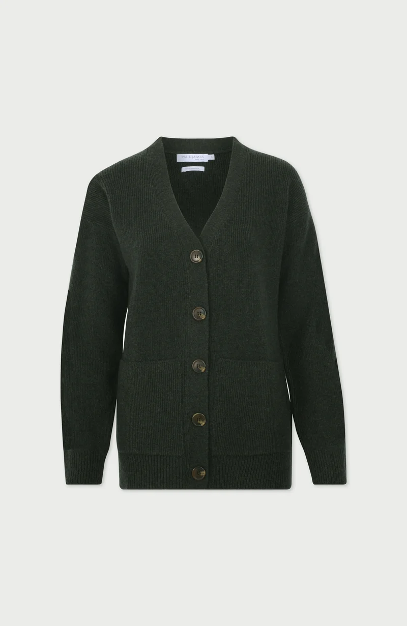 Gerippter Damen-Cardigan aus 100 % Lammwolle mit V-Ausschnitt und Taschen