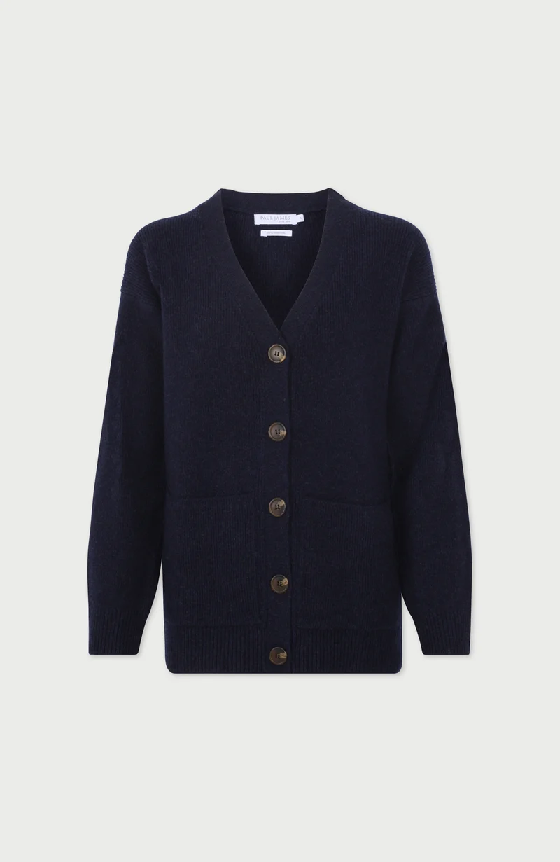 Gerippter Damen-Cardigan aus 100 % Lammwolle mit V-Ausschnitt und Taschen
