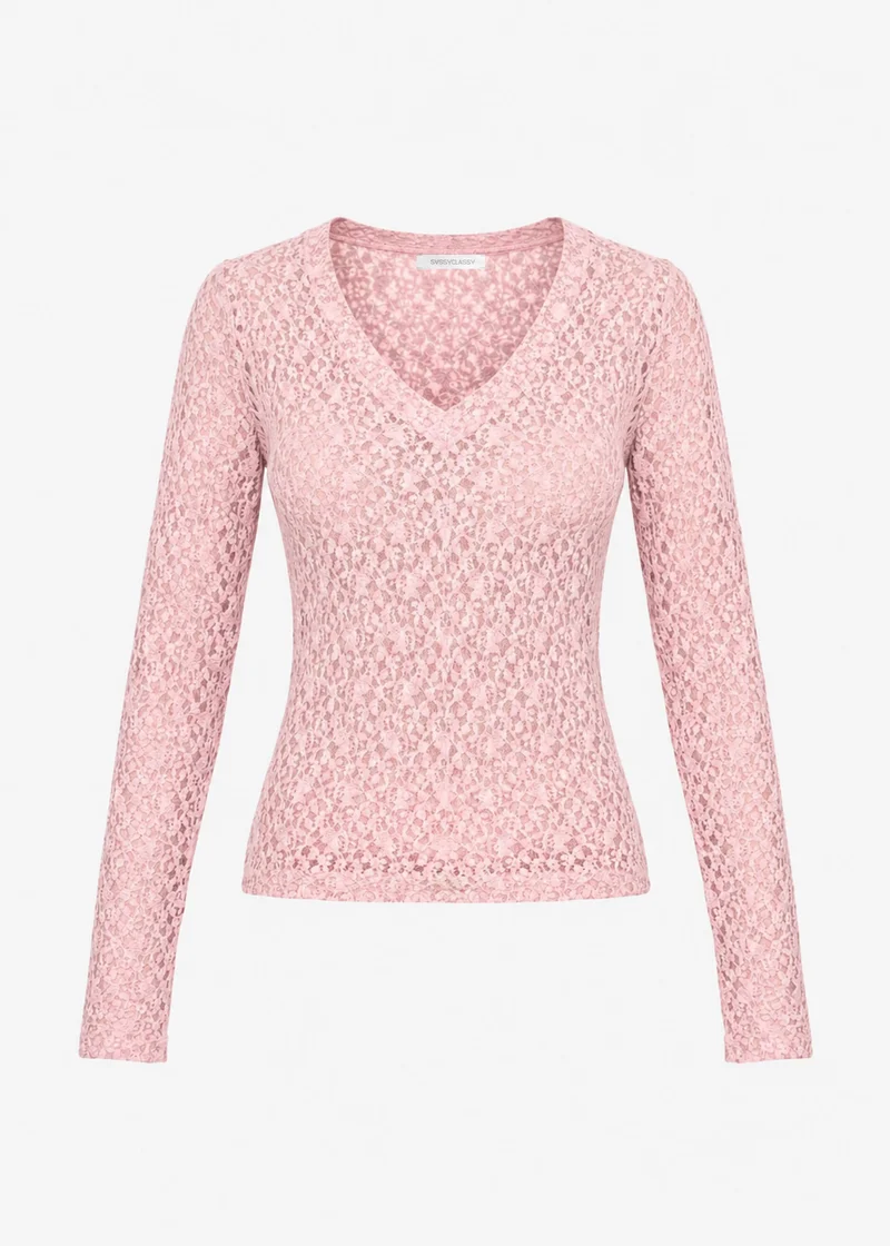 Langarm Spitzenshirt mit V-Ausschnitt - rosa