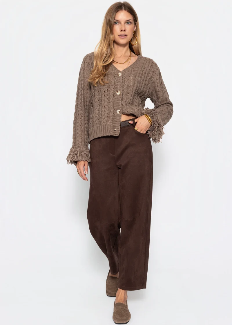 Zopfstrick-Cardigan mit Fransenbündchen - taupe