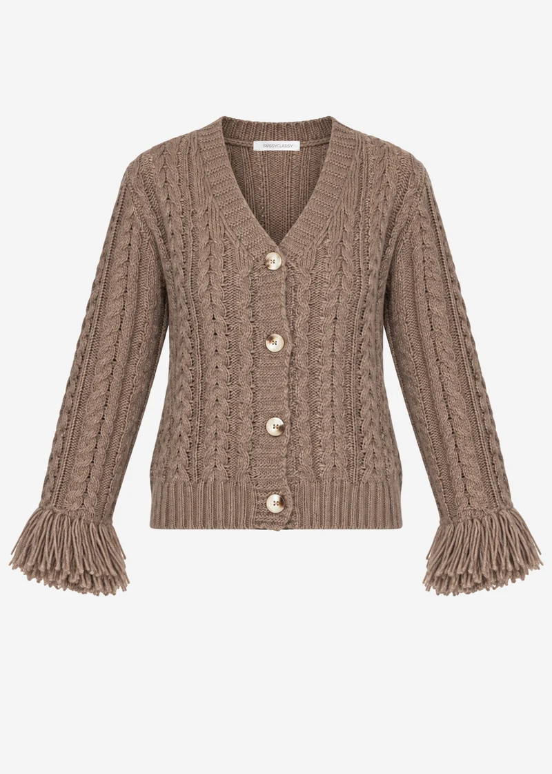 Zopfstrick-Cardigan mit Fransenbündchen - taupe