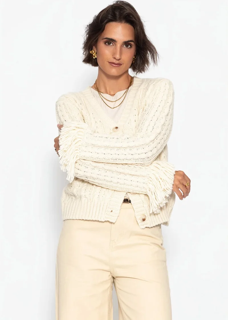 Zopfstrick-Cardigan mit Fransenbündchen - offwhite