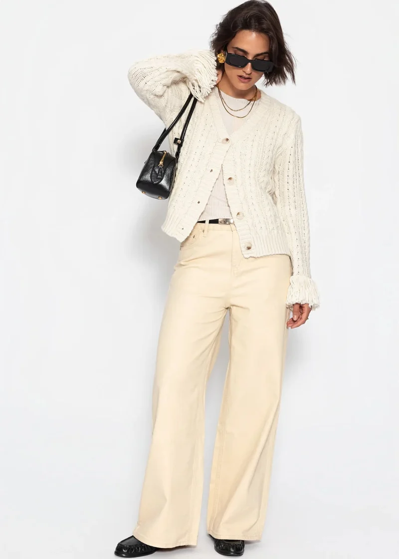 Zopfstrick-Cardigan mit Fransenbündchen - offwhite