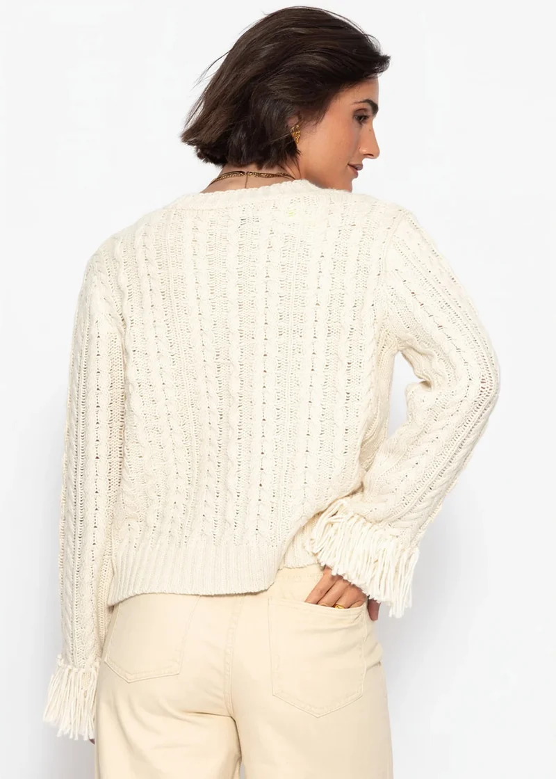 Zopfstrick-Cardigan mit Fransenbündchen - offwhite