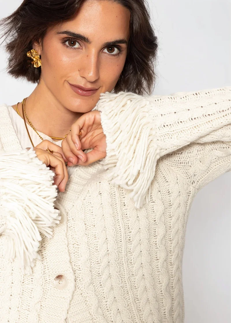 Zopfstrick-Cardigan mit Fransenbündchen - offwhite