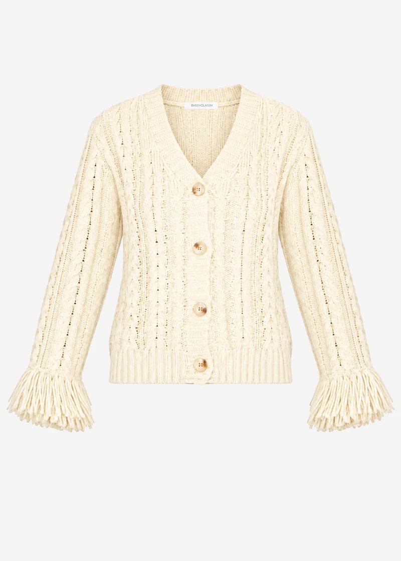 Zopfstrick-Cardigan mit Fransenbündchen - offwhite