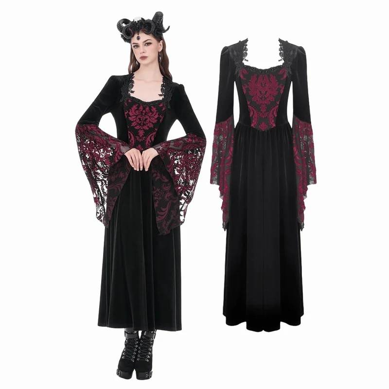 Gothic-Brautkleid für Damen mit Blumenmuster, eckigem Kragen und ausgestellten Ärmeln