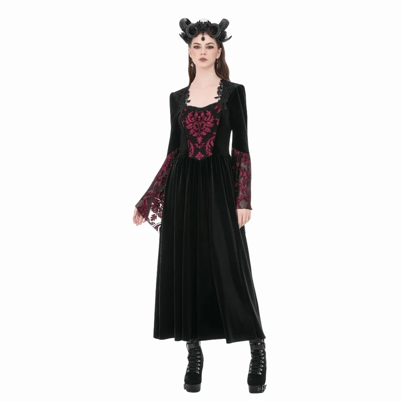 Gothic-Brautkleid für Damen mit Blumenmuster, eckigem Kragen und ausgestellten Ärmeln