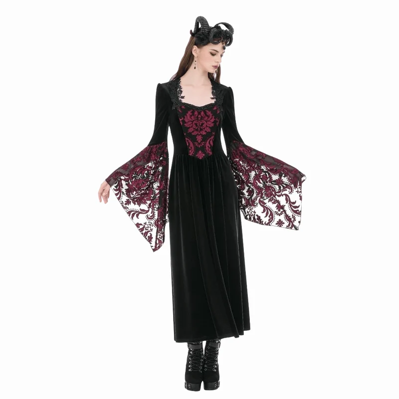 Gothic-Brautkleid für Damen mit Blumenmuster, eckigem Kragen und ausgestellten Ärmeln