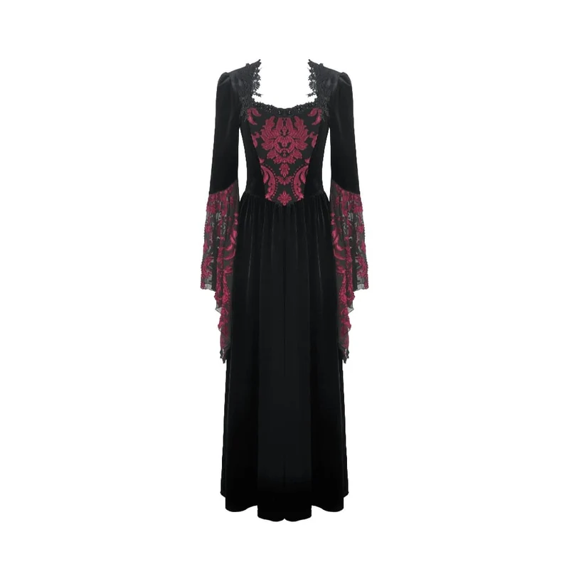 Gothic-Brautkleid für Damen mit Blumenmuster, eckigem Kragen und ausgestellten Ärmeln