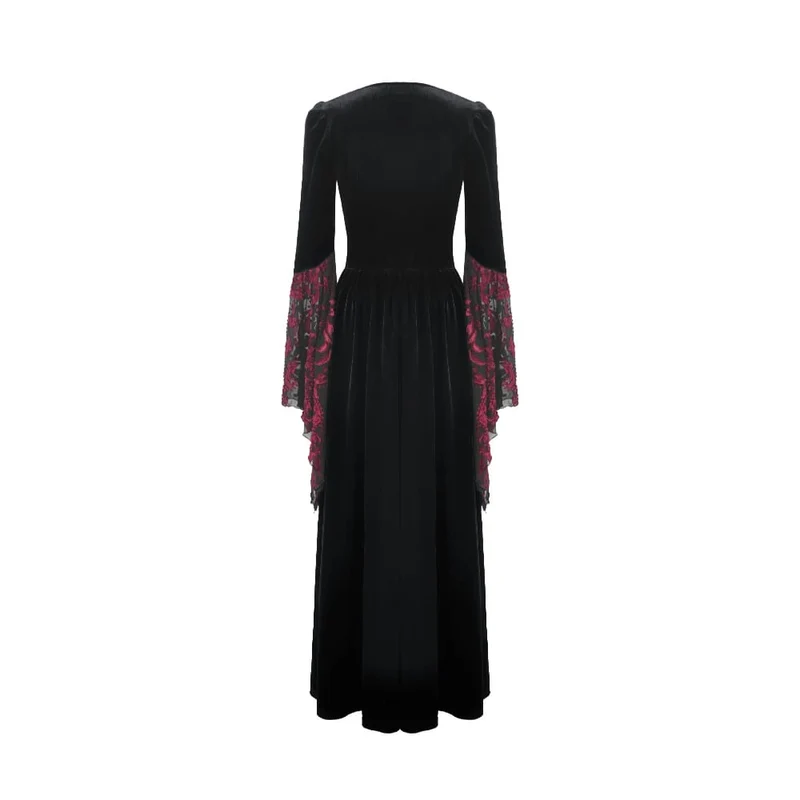 Gothic-Brautkleid für Damen mit Blumenmuster, eckigem Kragen und ausgestellten Ärmeln