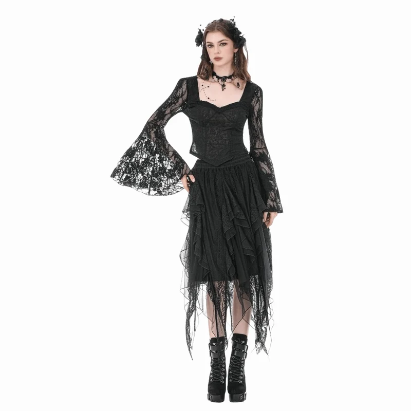 Gothic-Top für Damen mit eckigem Kragen, floraler Spitze und Glockenärmeln