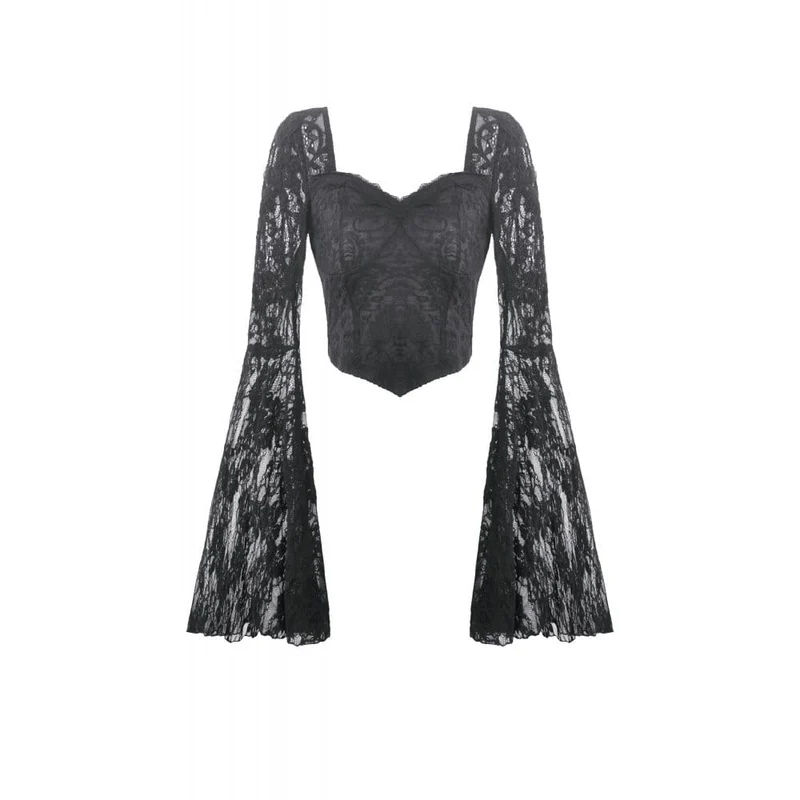 Gothic-Top für Damen mit eckigem Kragen, floraler Spitze und Glockenärmeln