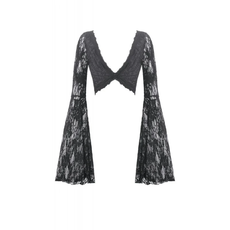 Gothic-Top für Damen mit eckigem Kragen, floraler Spitze und Glockenärmeln