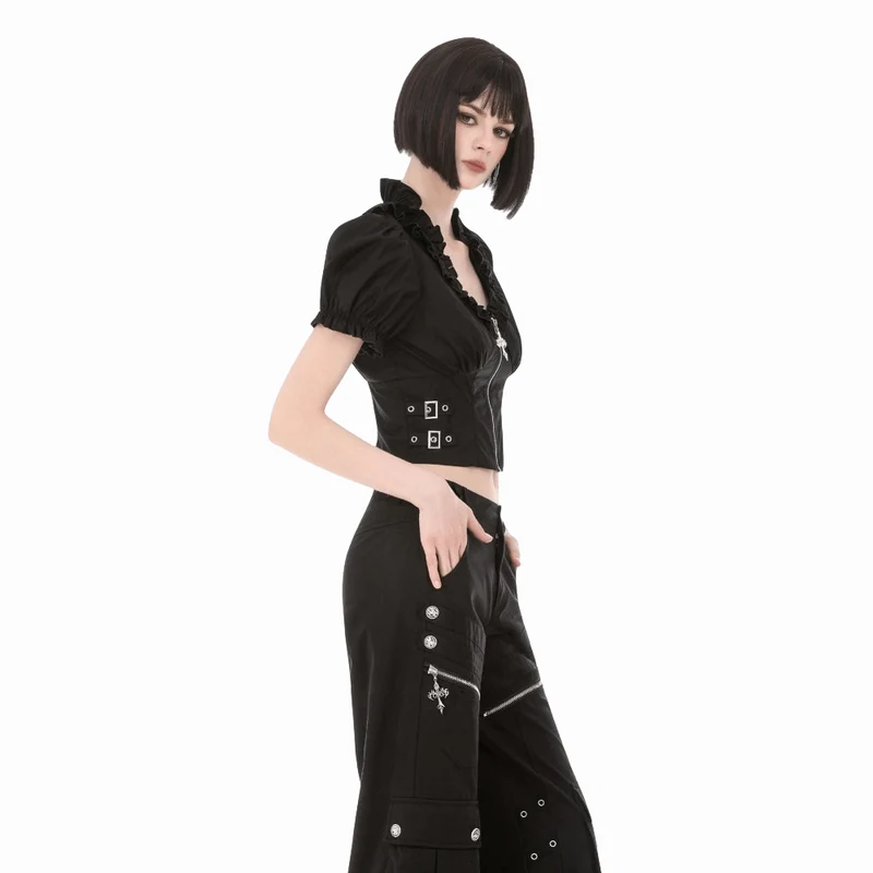 Punkiges, gerüschtes Kurzarm-Crop-Top mit tiefem Ausschnitt und Reißverschluss für Damen