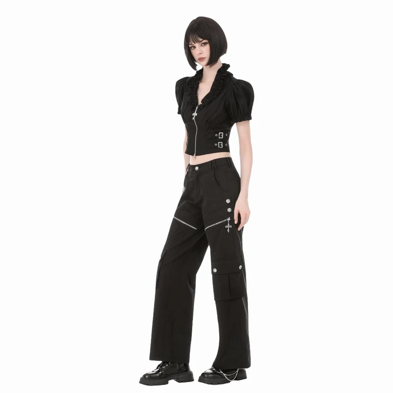 Punkiges, gerüschtes Kurzarm-Crop-Top mit tiefem Ausschnitt und Reißverschluss für Damen