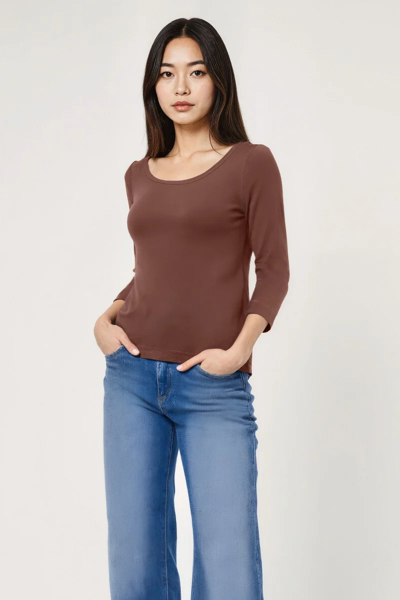 Boat Neck 3/4 Sleeve Tee | Chicory Coffee