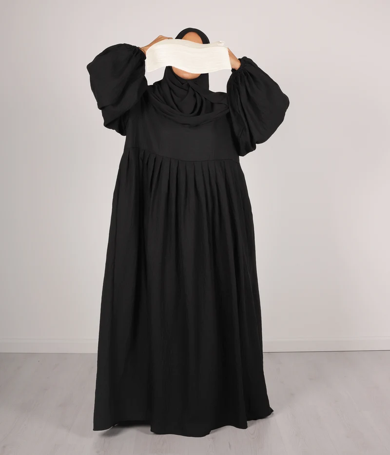 Abaya Leinen Puffärmel Madaya – Schwarz