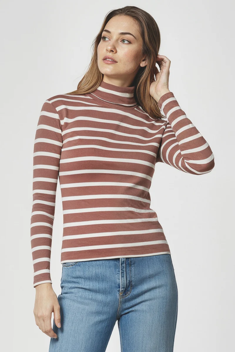 Ribbed Turtle Neck Long Sleeve Tee | Crushed Berry Mel Stripe