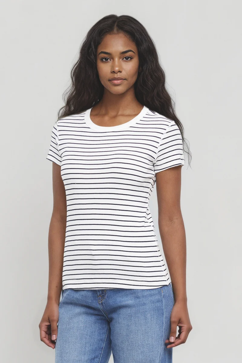 Crew-Neck Short Sleeve Rib Tee | Bright White Stripe