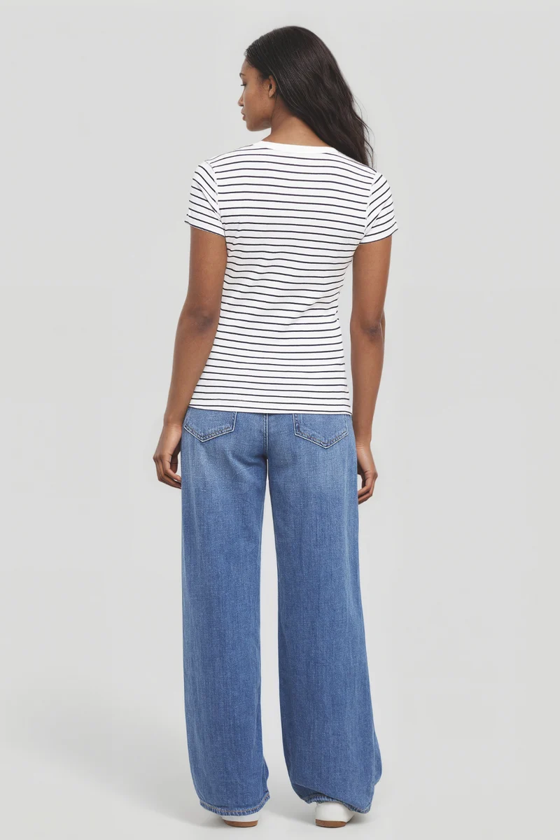 Crew-Neck Short Sleeve Rib Tee | Bright White Stripe