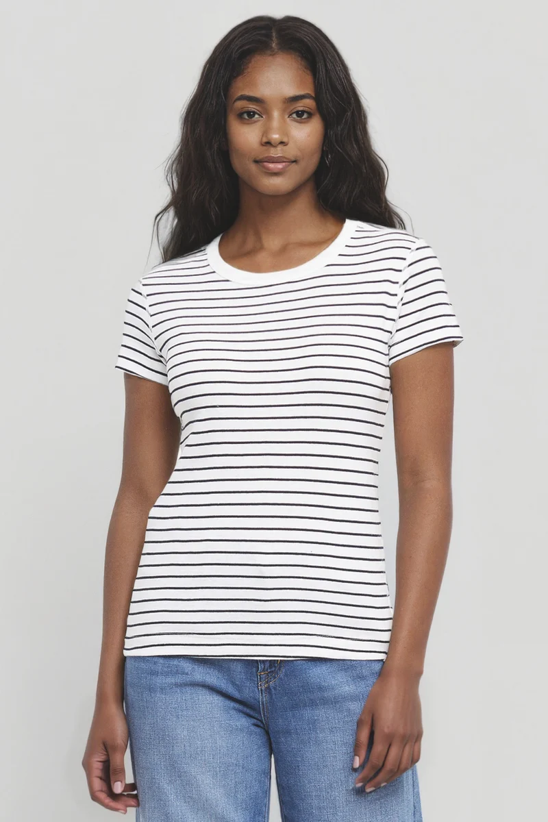 Crew-Neck Short Sleeve Rib Tee | Bright White Stripe