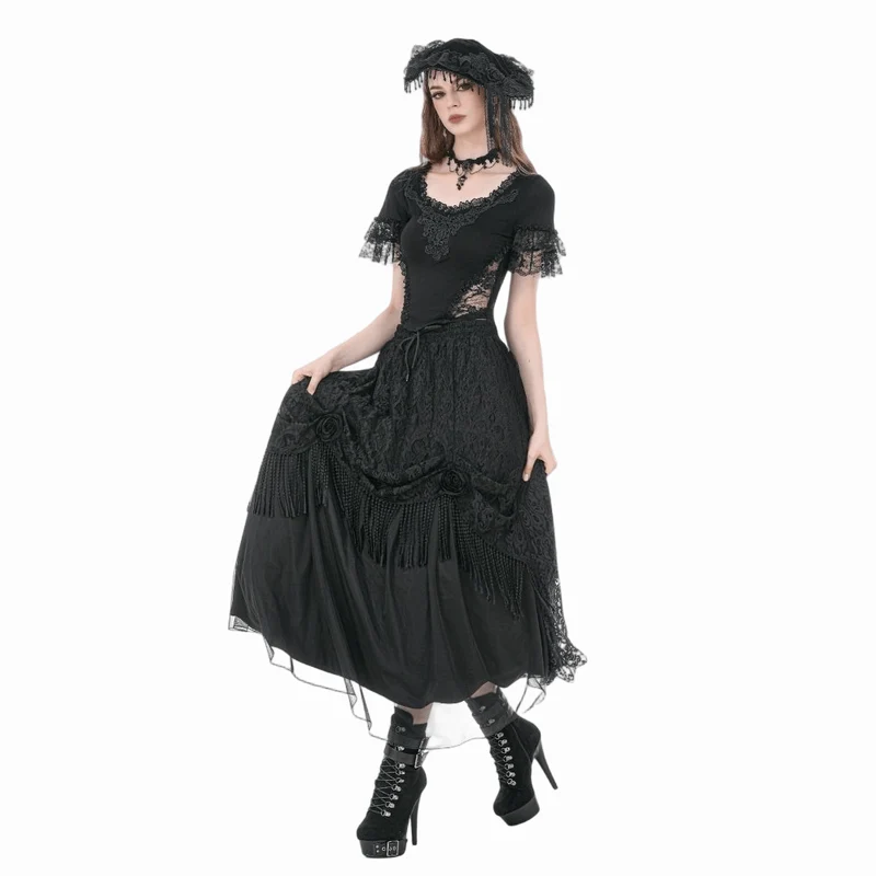 Gothic-Maxirock mit Rosenquasten für Damen, mehrlagig