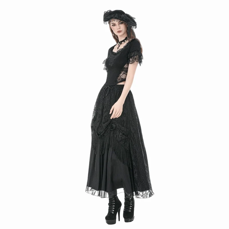 Gothic-Maxirock mit Rosenquasten für Damen, mehrlagig